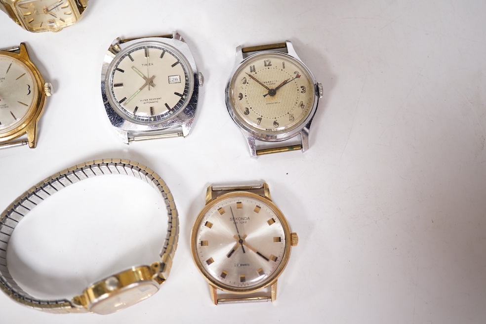 A collection of seven gentleman's assorted mainly steel wrist watches including two Tissot, a Timex, Ingersoll, Montine, Kingston and Sekonda, together with six assorted lady's mainly steel wrist watches including Seiko,
